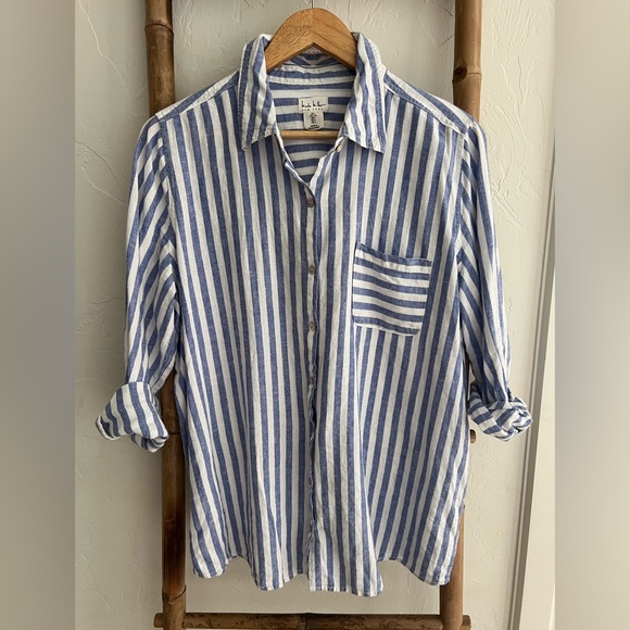 Nicole Miller Blue and White Striped Button-Down Shirt - Picture 1 of 8